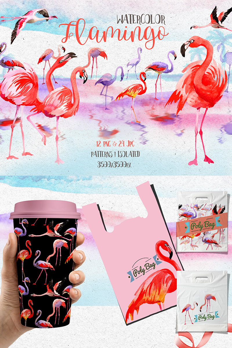 Watercolor Pink Flamingo PNG Set - Illustration