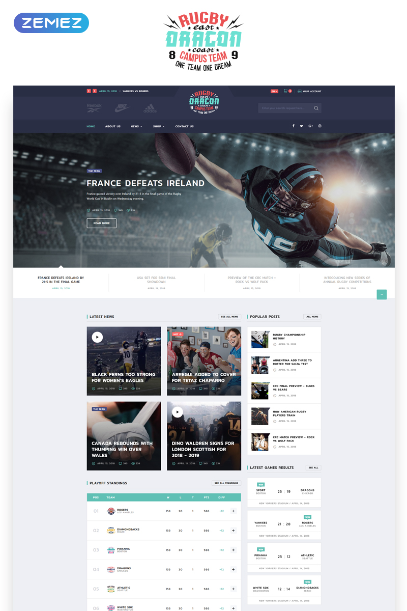 Reebok - Rugby Multipage HTML5 Website Template
