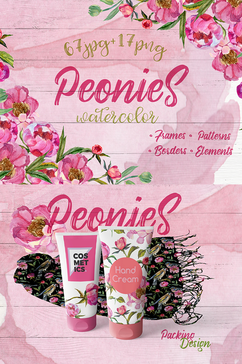 Cool Peonies PNG Watercolor Flowers Set - Illustration