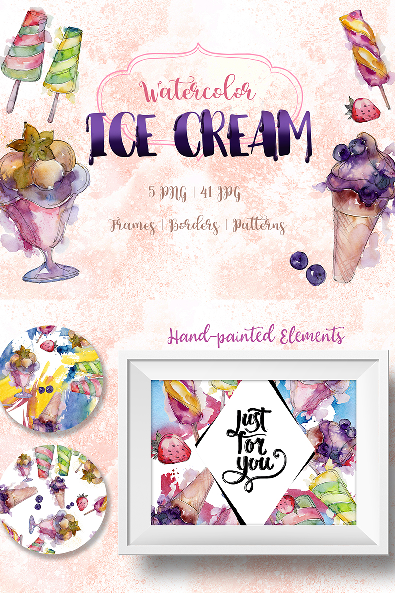 Watercolor Cool Ice Cream PNG Creative Set - Illustration