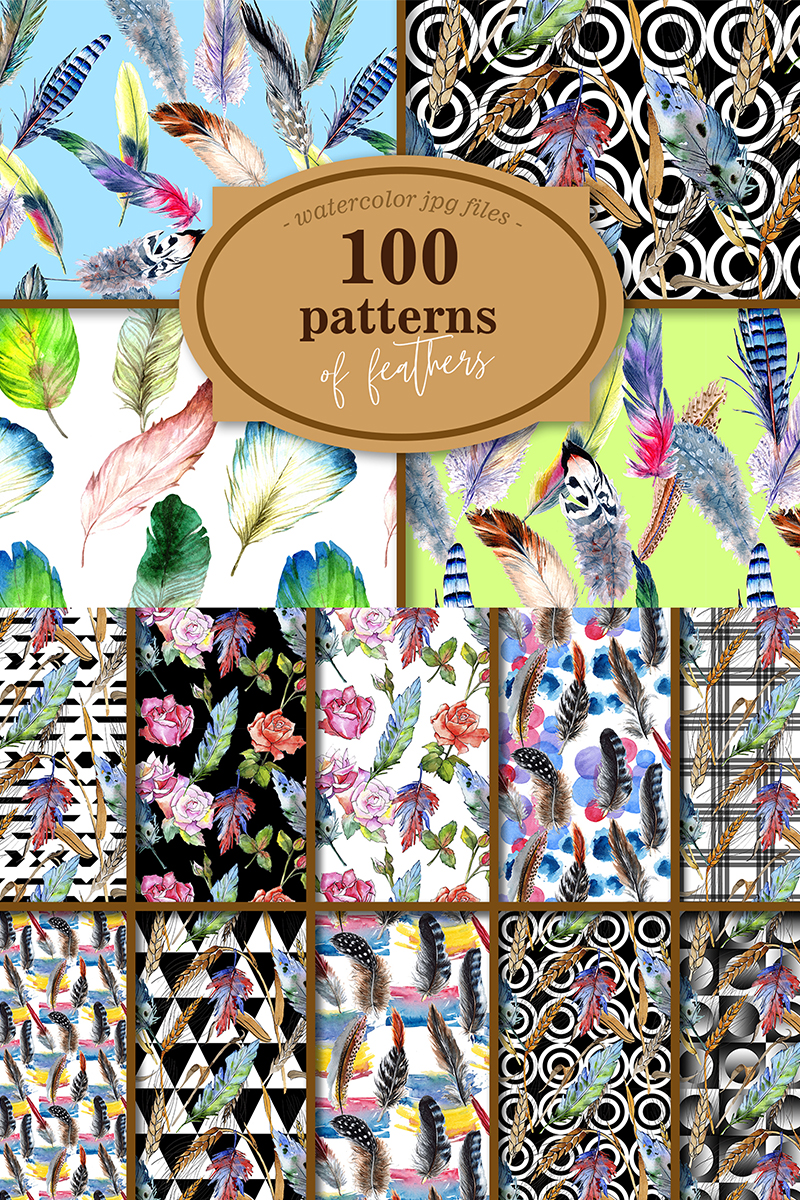 100 Patterns of Feather JPG Watercolor Set - Illustration