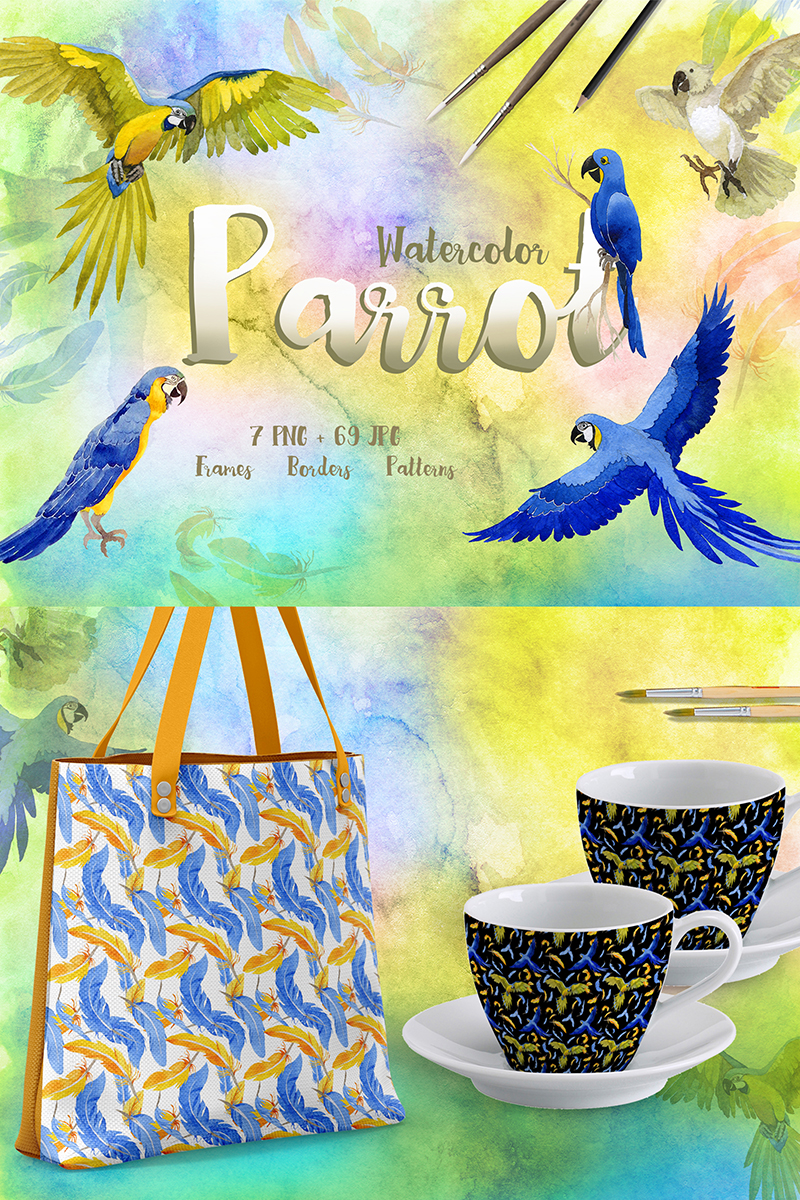 Watercolor Cool Parrot PNG Bird Creative Set - Illustration