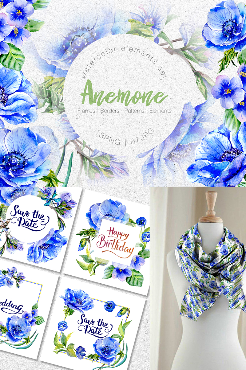 Wonderful Blue Anemone PNG Watercolor Set   - Illustration