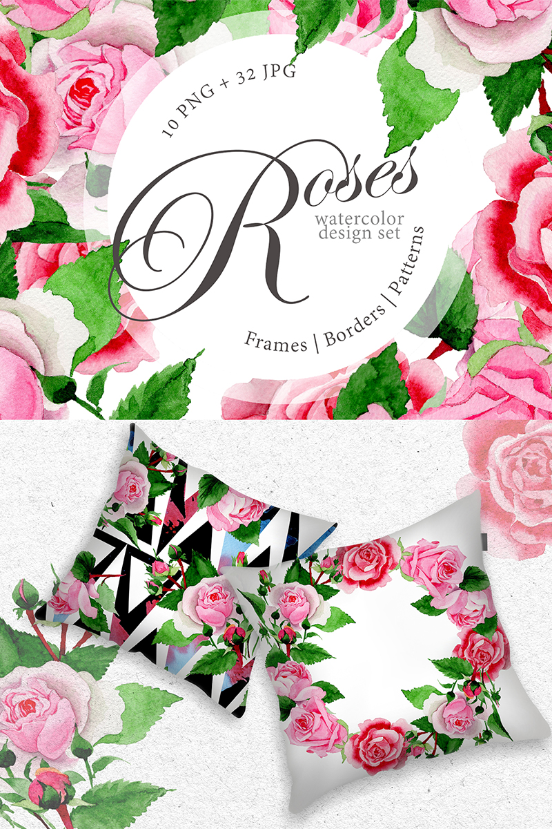 Pink Roses PNG Watercolor Design Creative Set - Illustration