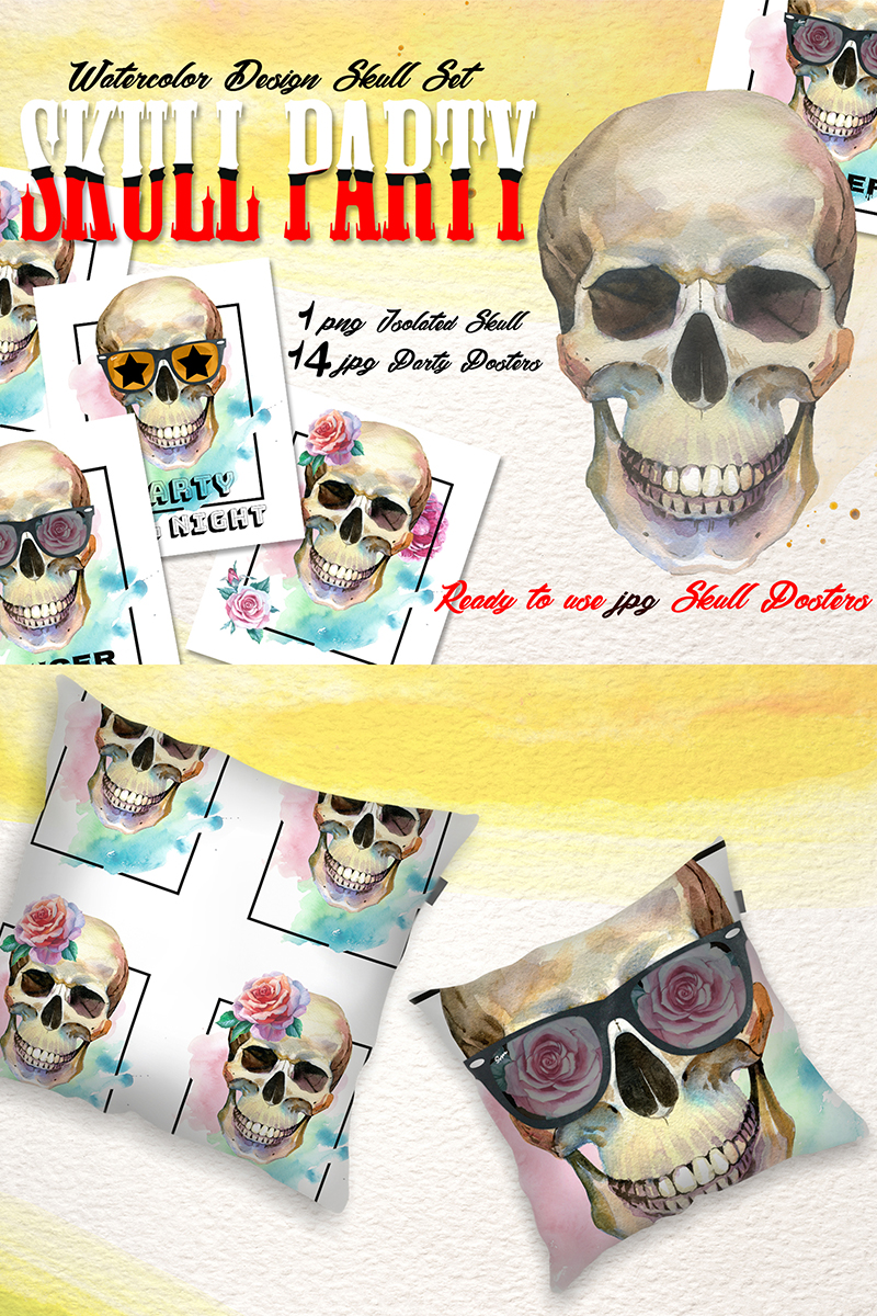 Skull Party Print PNG Watercolor Set   - Illustration