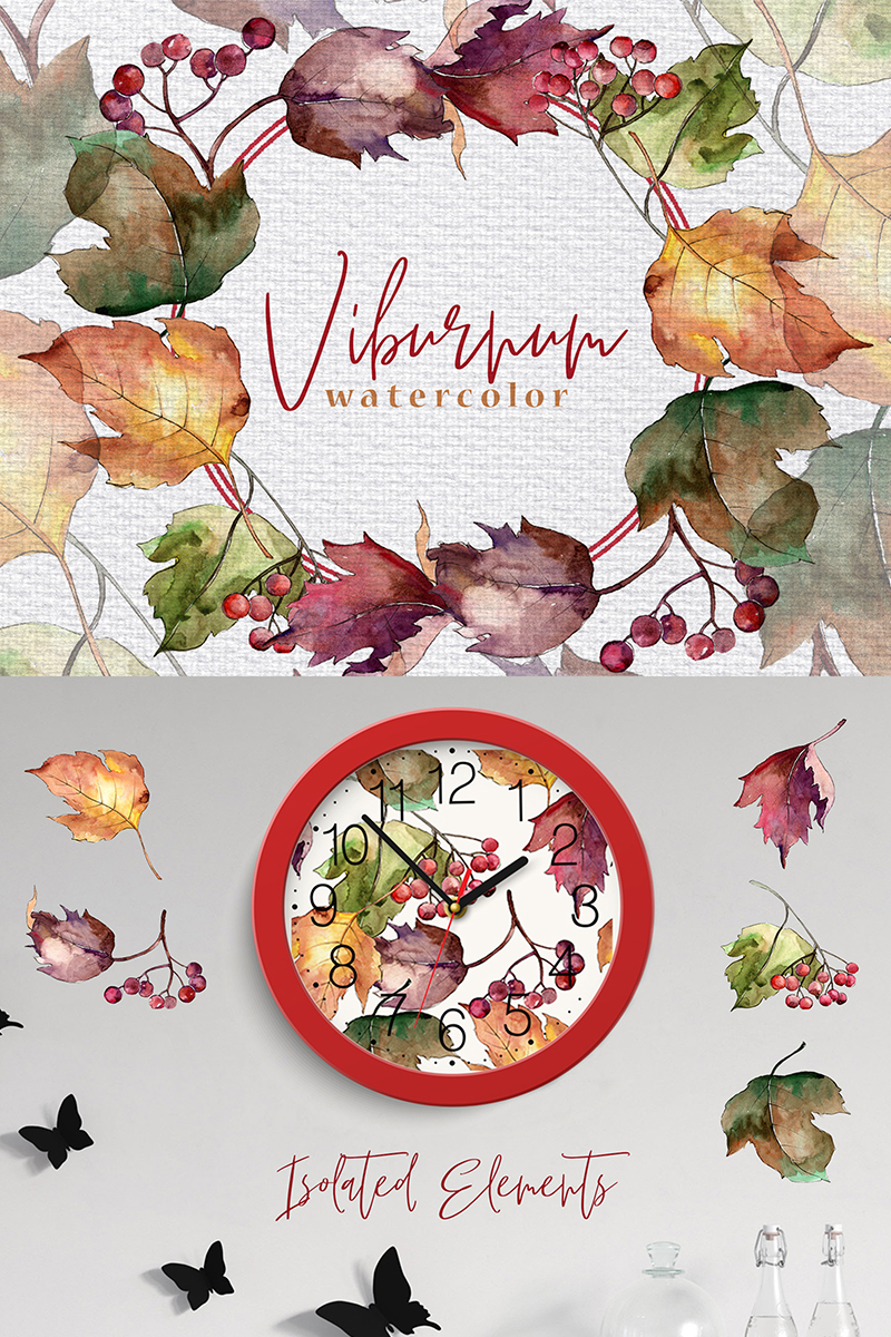 Autumn Viburnum Leaves PNG Watercolor Set - Illustration