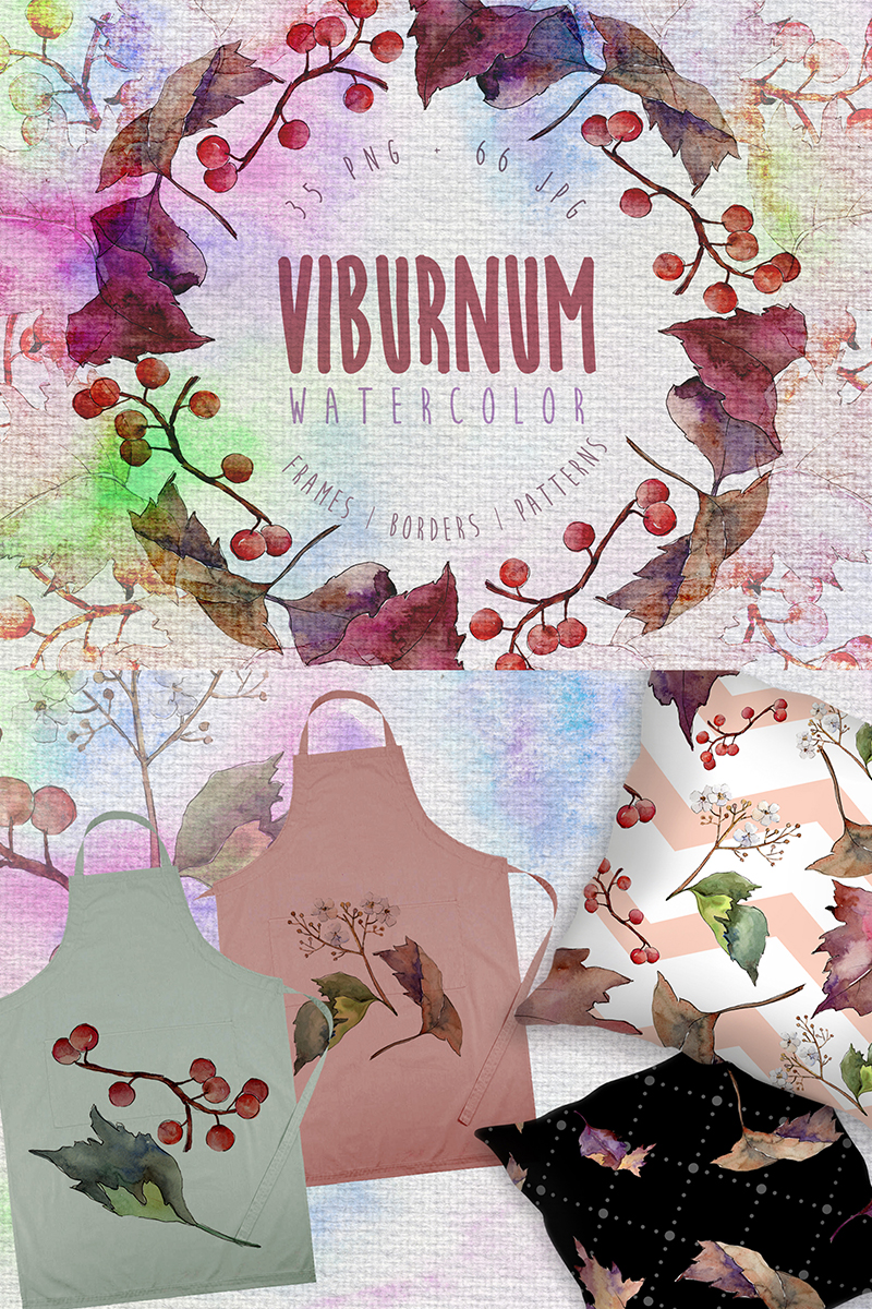 Autumn Viburnum Leaf PNG Watercolor Set - Illustration