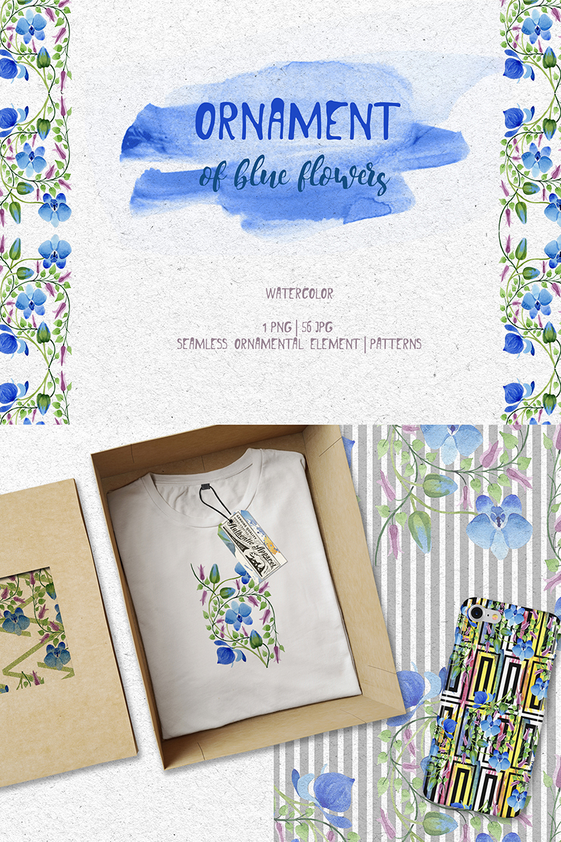 Ornament Of Blue Flowers PNG Watercolor Set - Illustration