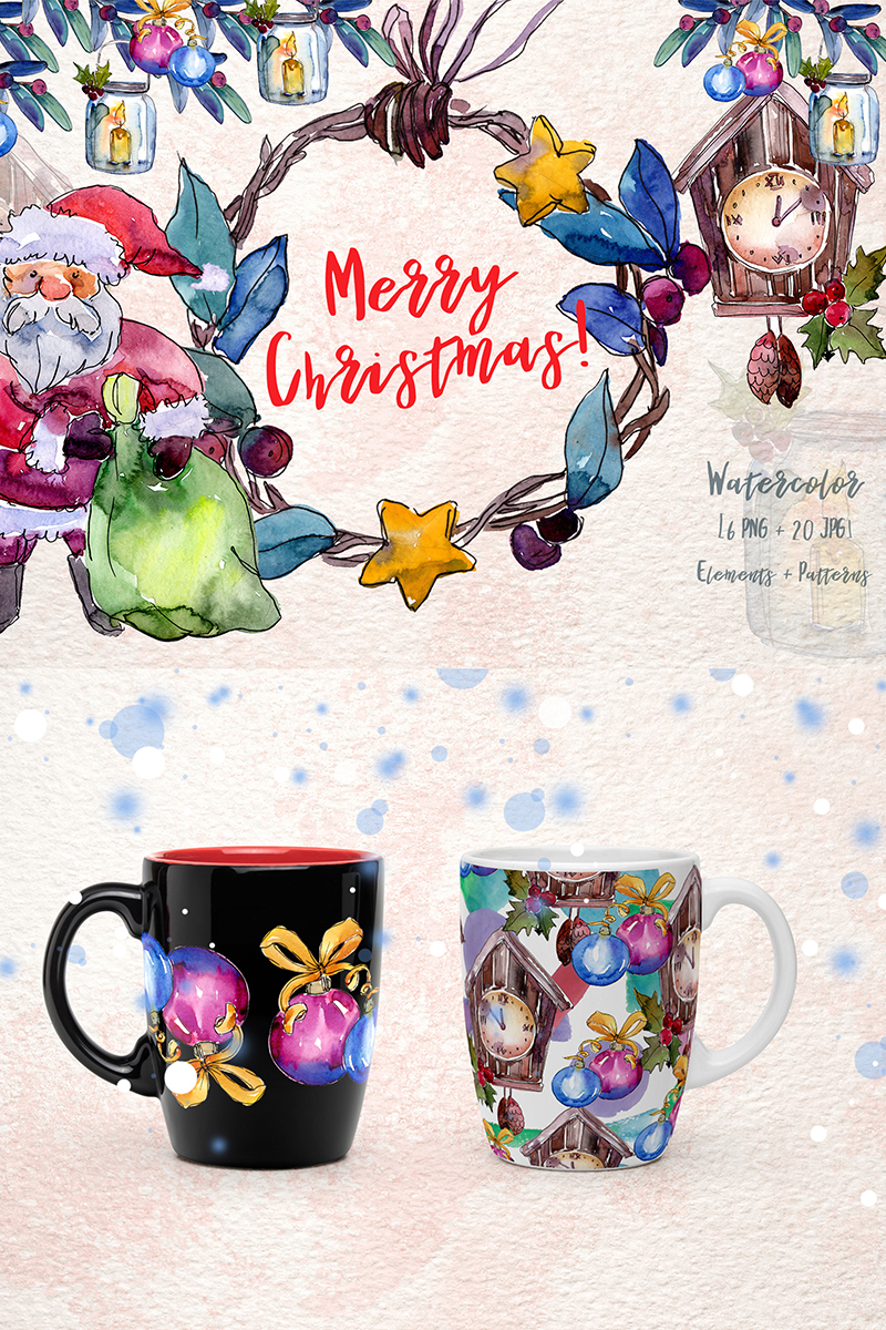 Merry Christmas Holiday PNG Watercolor Set - Illustration