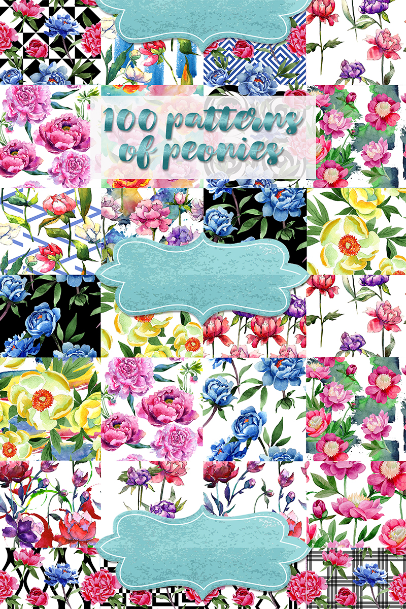 Wonderful 100 Patterns of Peonies JPG Set - Illustration