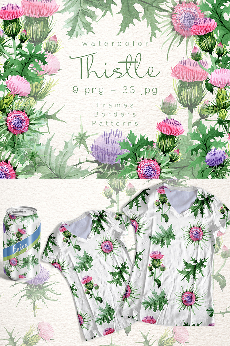 Cool Thistle PNG Watercolor Set - Illustration