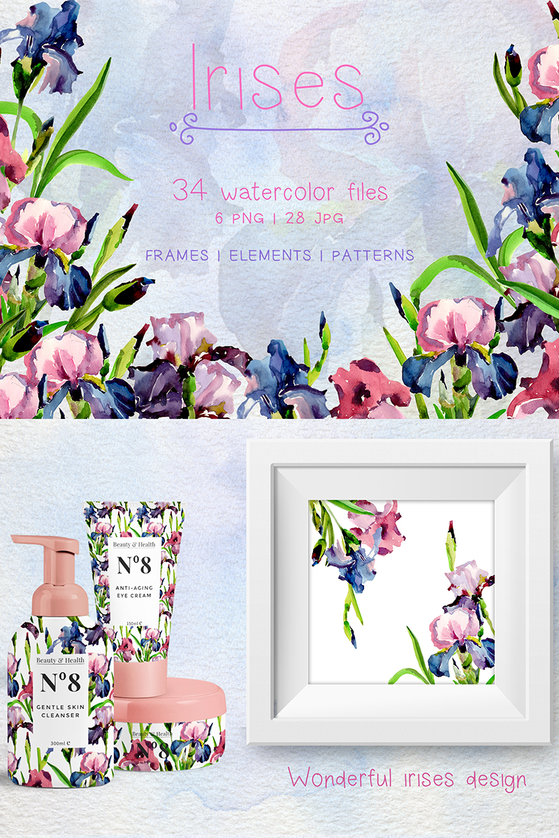 Tender Irises PNG Watercolor Set - Illustration