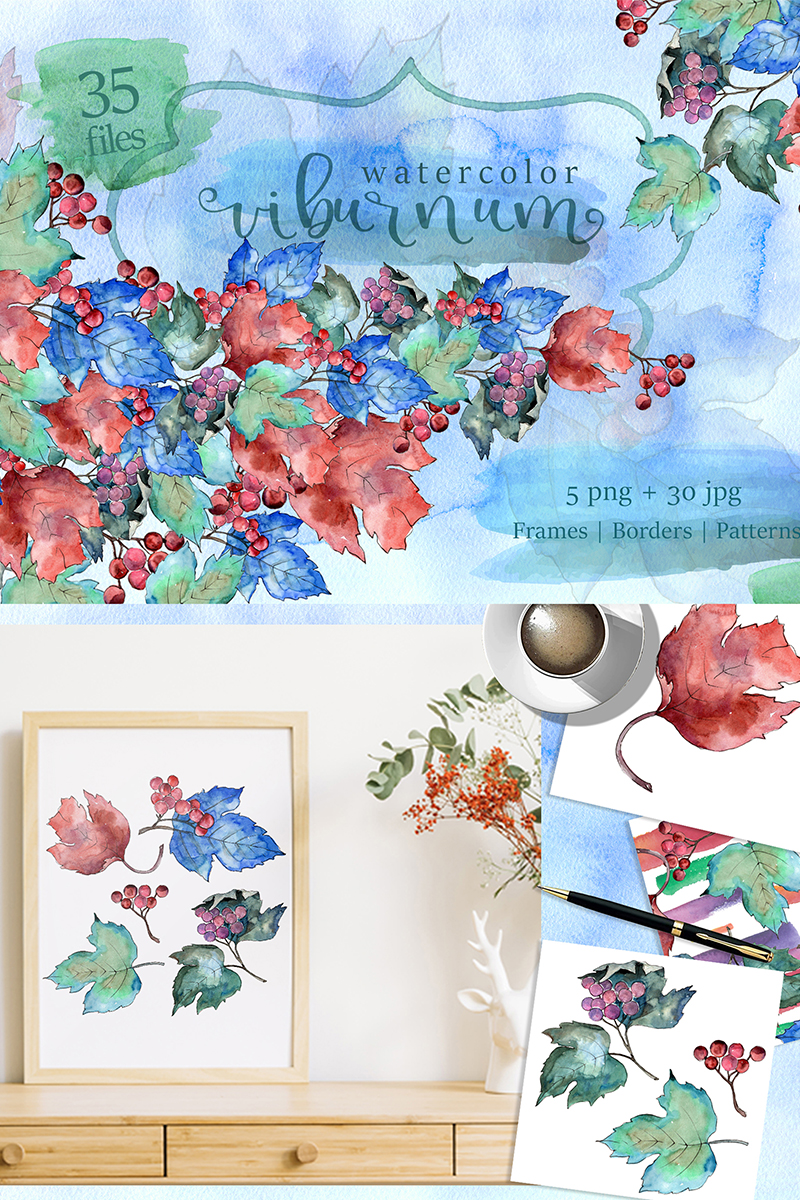 Watercolor Viburnum PNG Leaves Set - Illustration