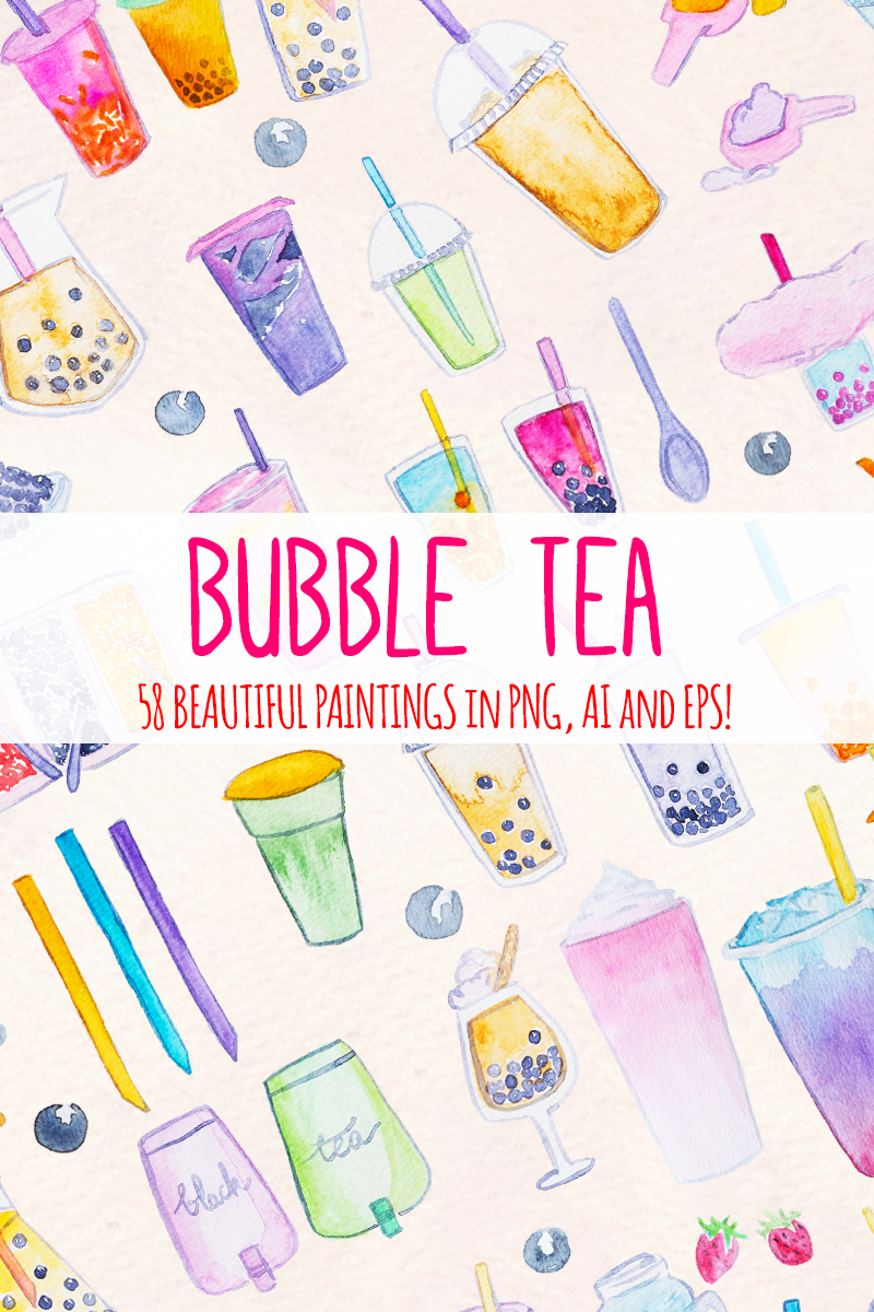Bubble Tea Watercolor Graphics 58 Clip Art Images - Illustration