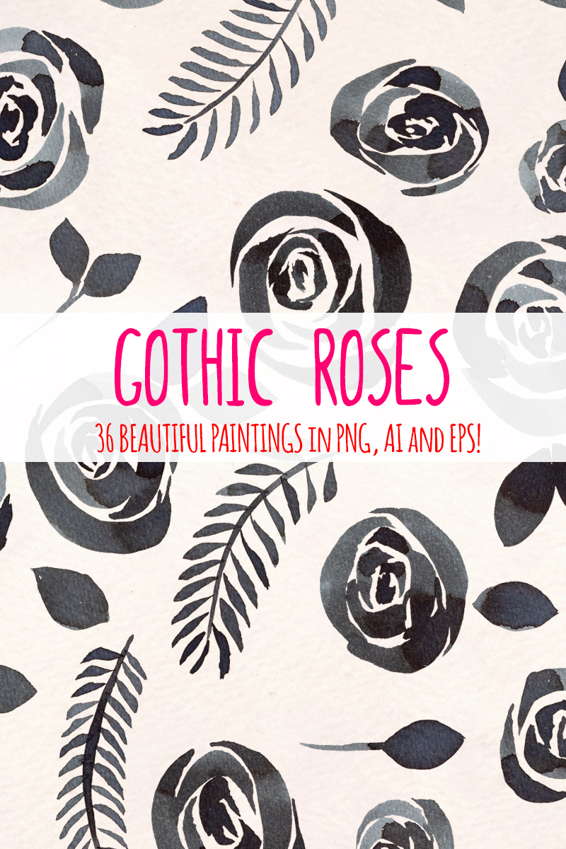 36 Watercolor Gothic Roses Graphics - Illustration