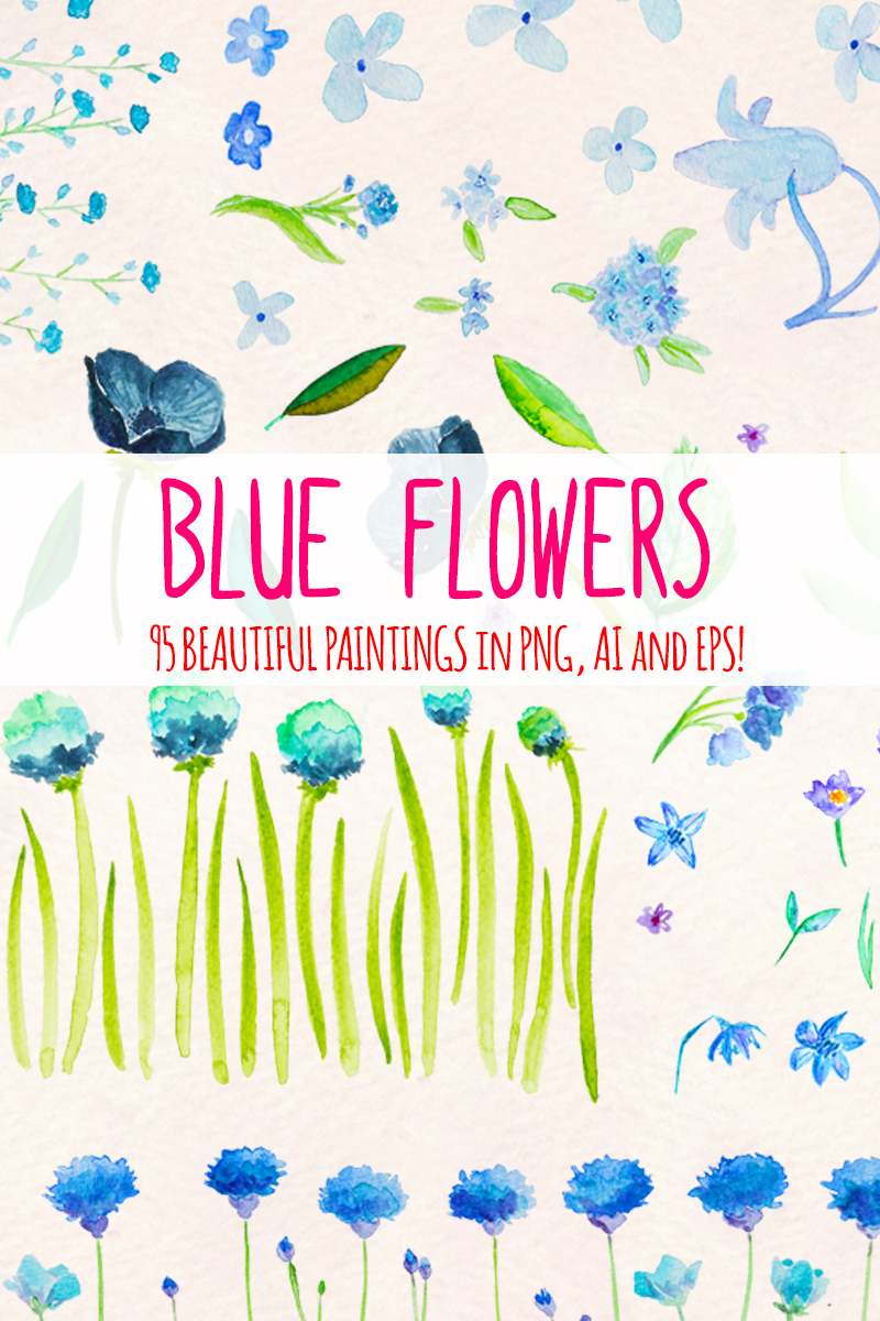 Blue Flowers 95 Floral Watercolor Elements - Illustration