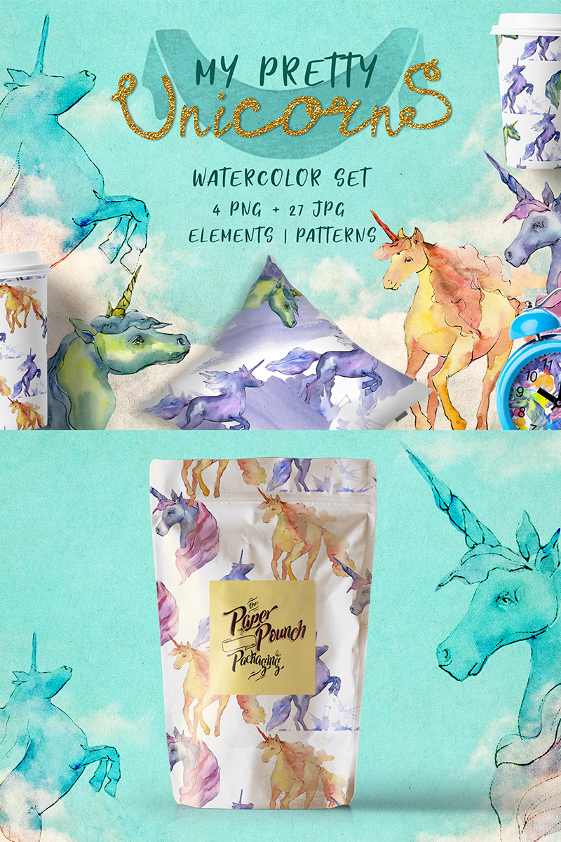 Cute Unicorn Horse PNG Watercolor Collection Set - Illustration