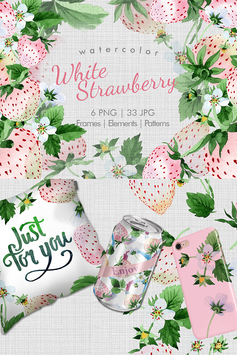 White Strawberry PNG Watercolor Fruit Set - Illustration