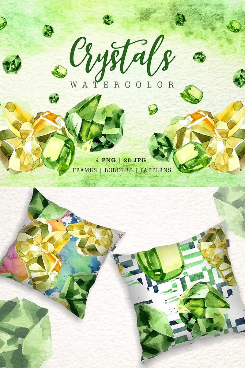 Aquarelle Yellow and Green Crystal PNG Set - Illustration
