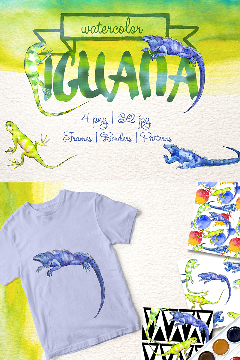 Exotic Iguana In A Watercolor PNG Set - Illustration