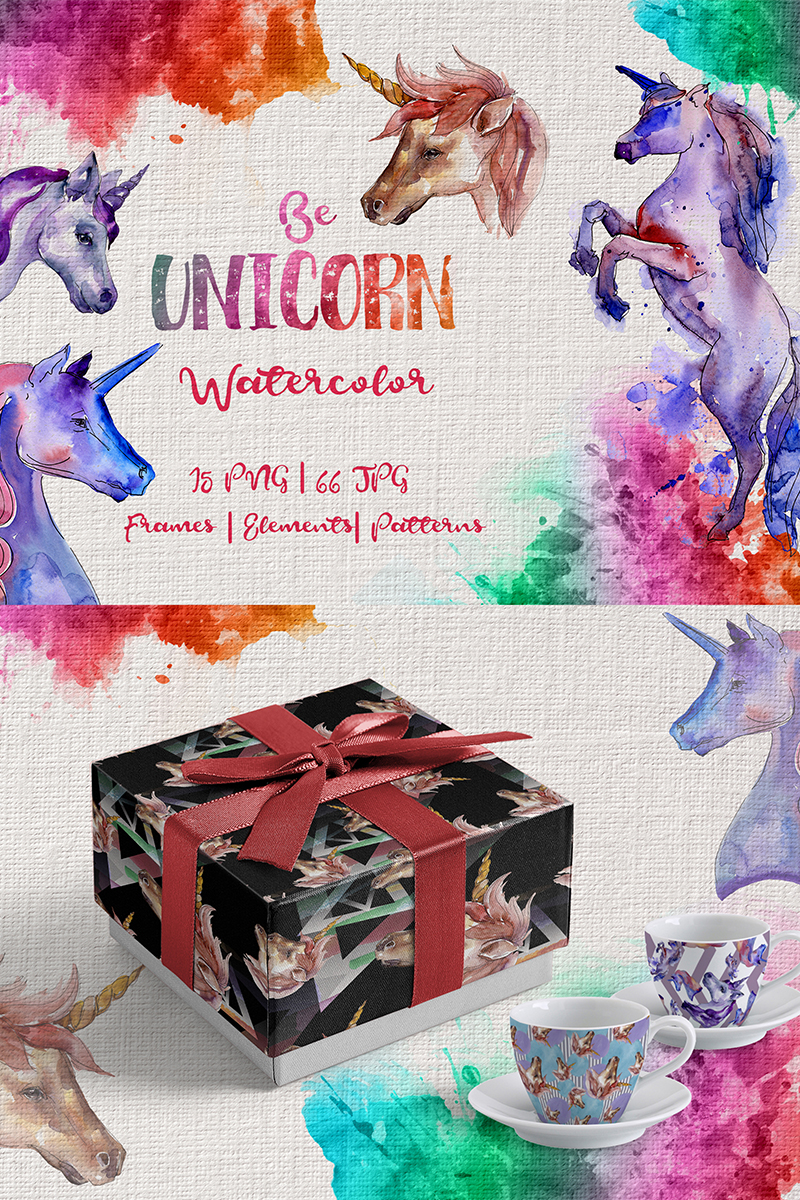 Colorful Unicorn Horse PNG Watercolor Set - Illustration