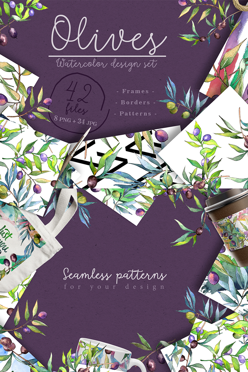 Branches Of An Olive Tree PNG Watercolor Set - Illustration