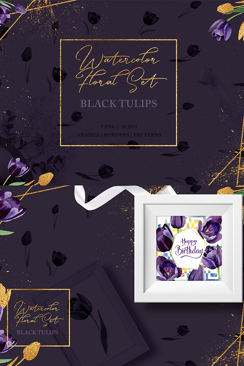 Wonderful black tulips PNG watercolor flower set - Illustration
