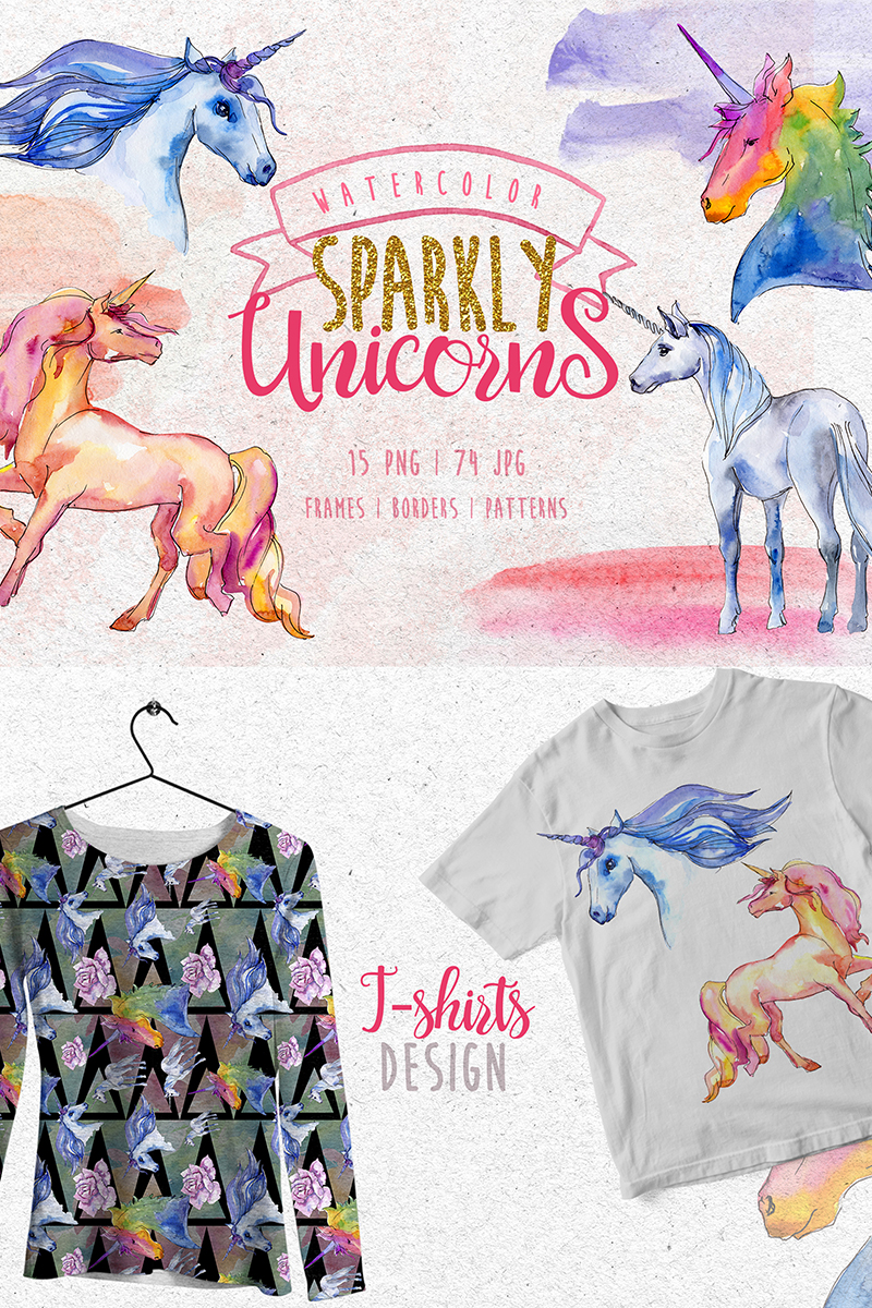 Watercolor Sparkly Unicorns PNG set - Illustration