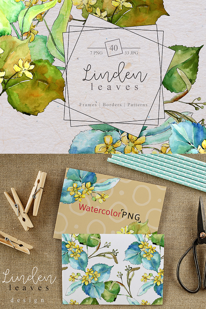 Watercolor Linden Leaves PNG set - Illustration