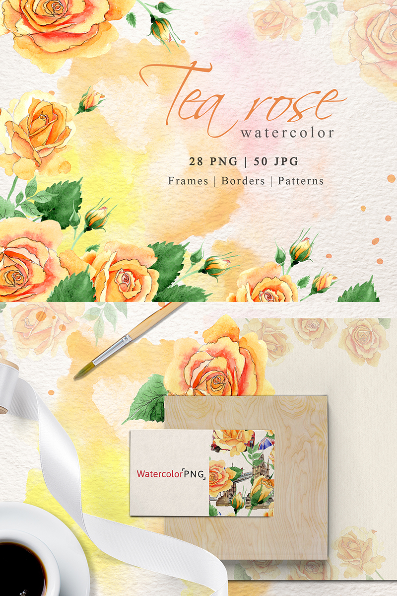 Watercolor Tea Yellow Rose Png Set - Illustration