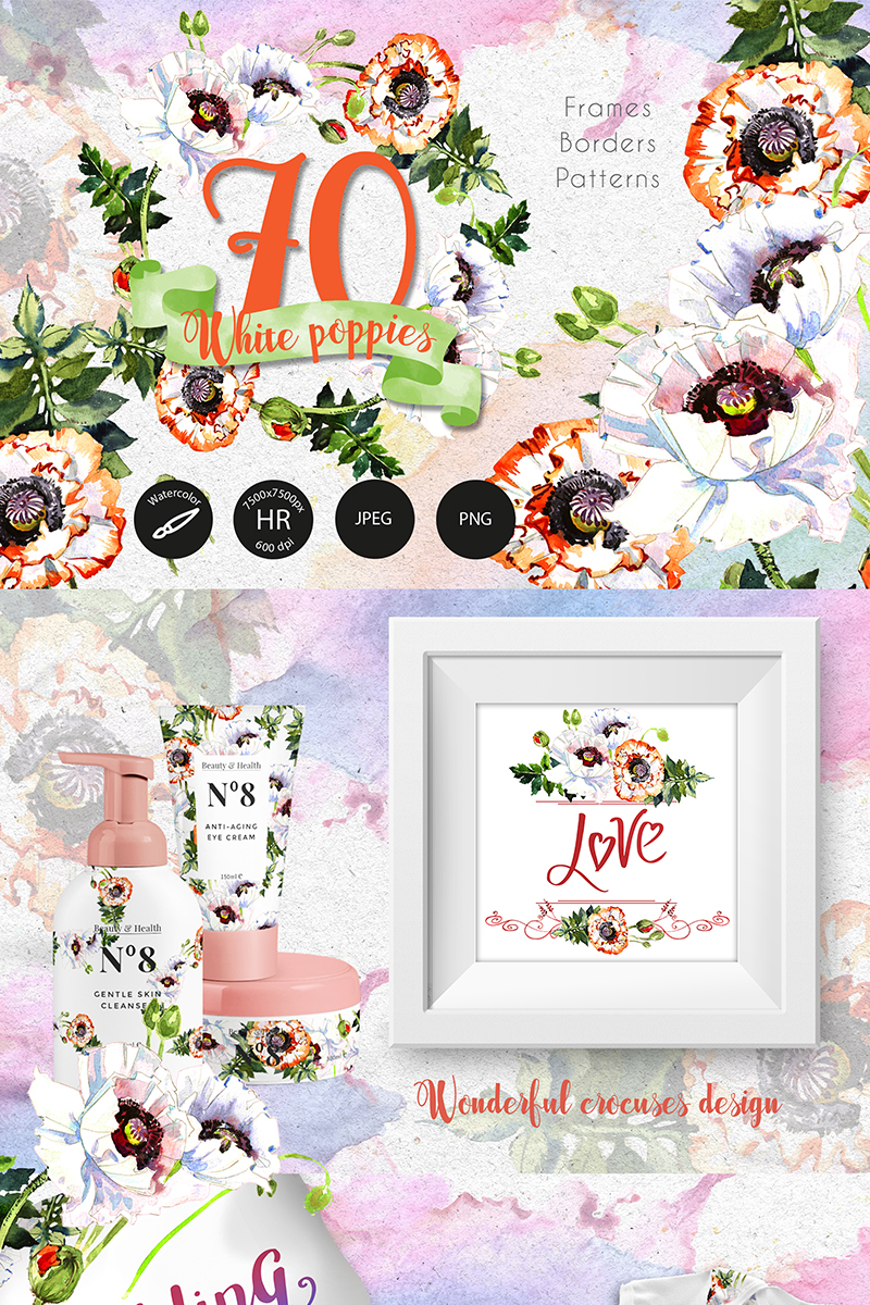 White Poppies PNG Watercolor Set - Illustration