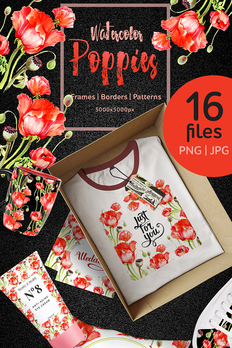 Watercolor red poppies PNG flower set - Illustration