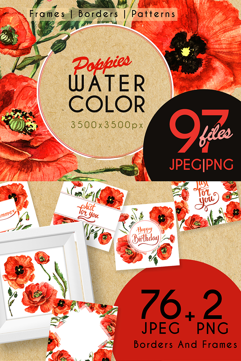 Stunning Poppies PNG Watercolor Set - Illustration