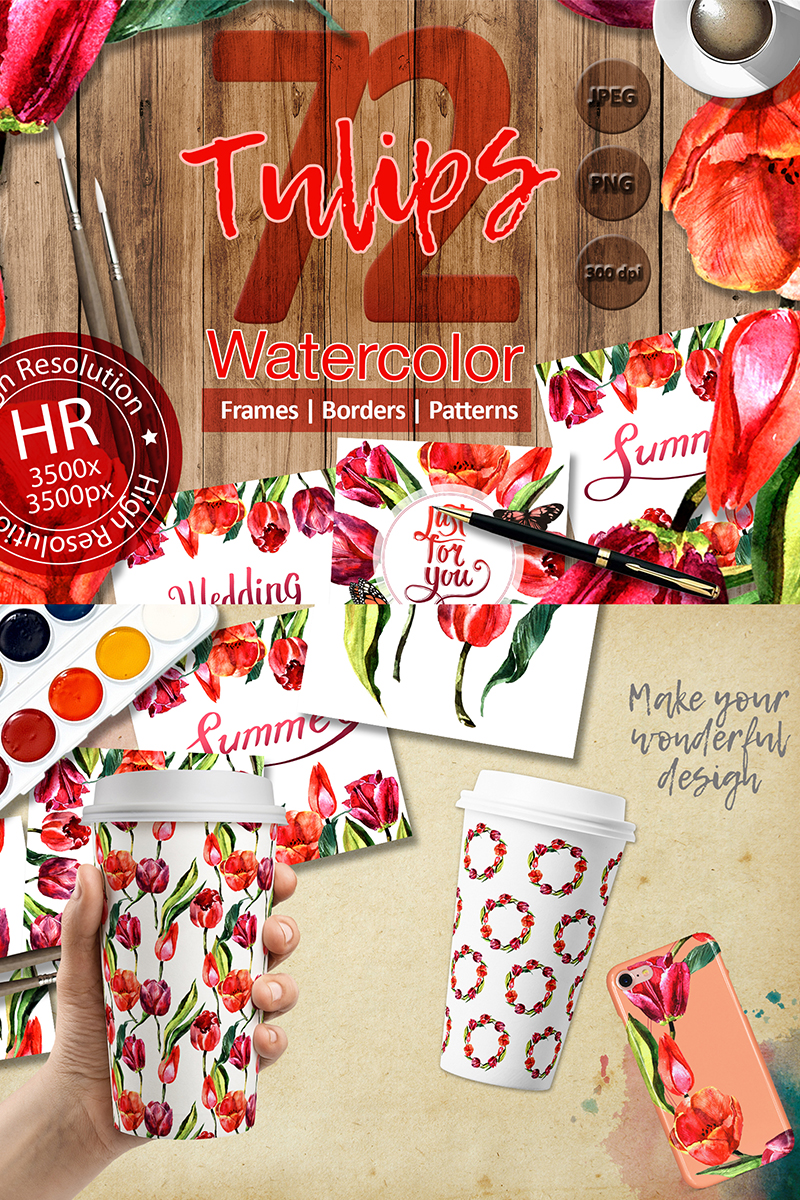 Stunning Red Tulips PNG Watercolor Set - Illustration
