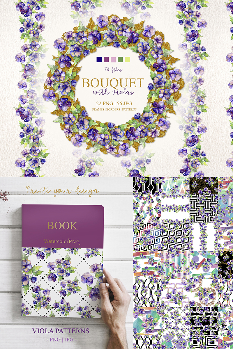 Bouquet With Violas PNG Watercolor Set - Illustration