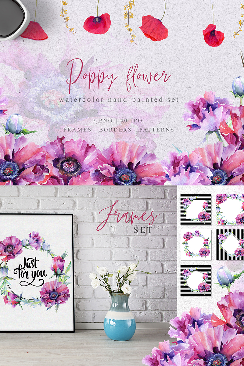Pink Poppy Flower PNG Watercolor Set - Illustration