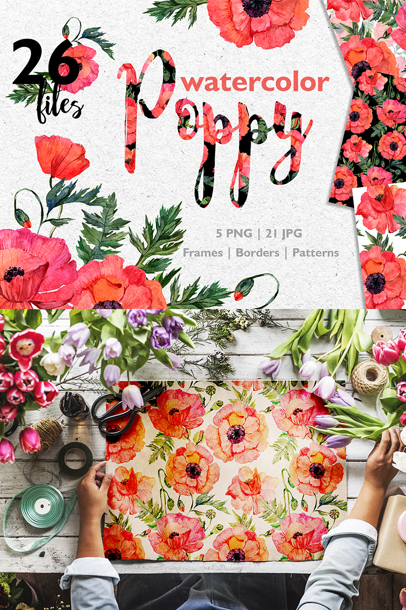 Red Poppy Watercolor PNG JPG - Illustration
