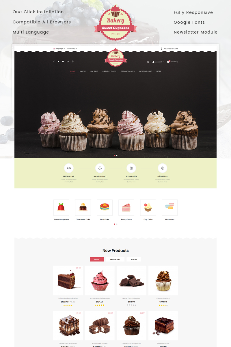 Bakery Sweet Cupcakes Store OpenCart Template