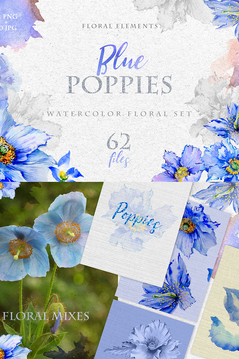 Blue Poppies Watercolor Png - Illustration