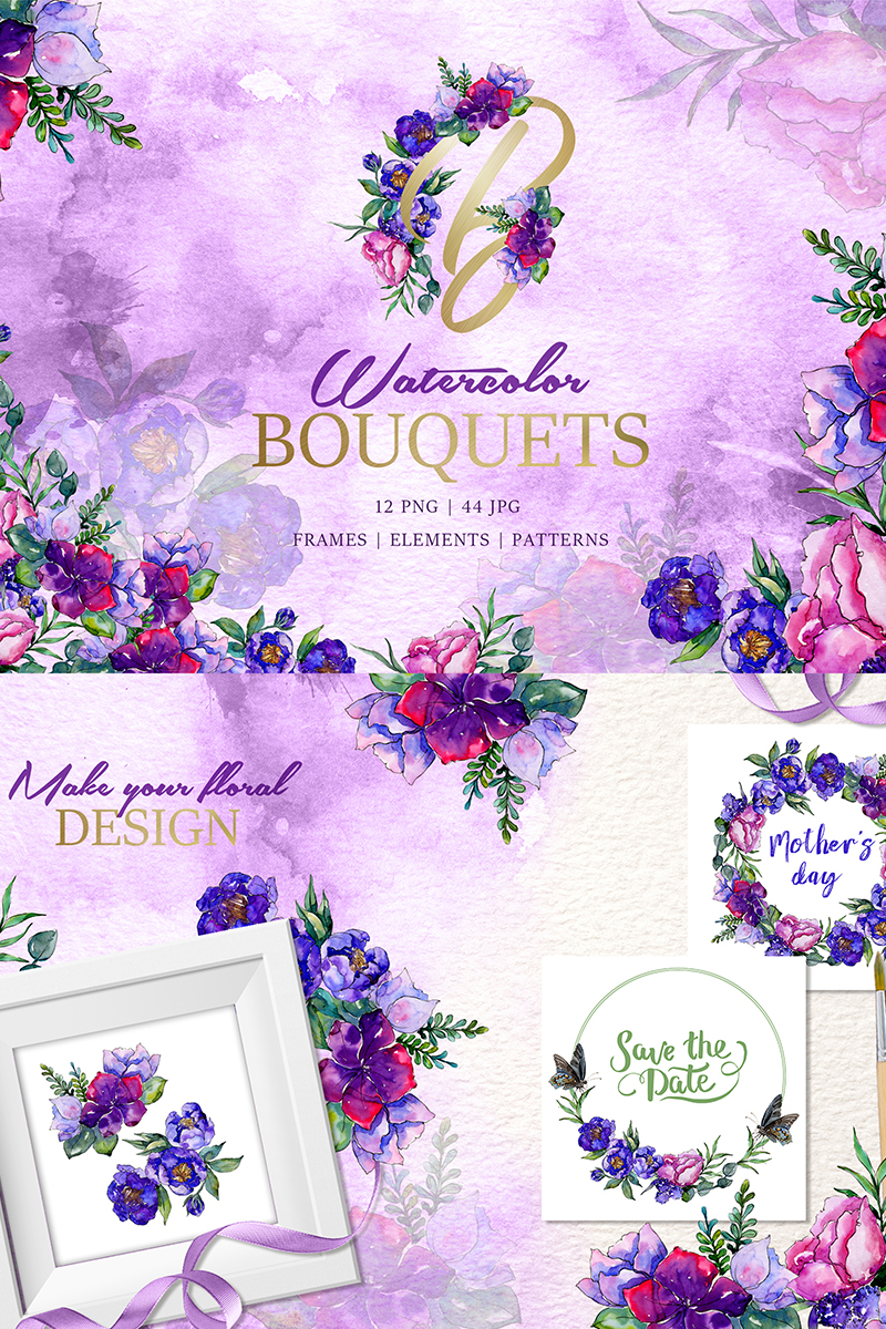 Bouquets Of Purple Flowers Watercolor PNG - Illustration