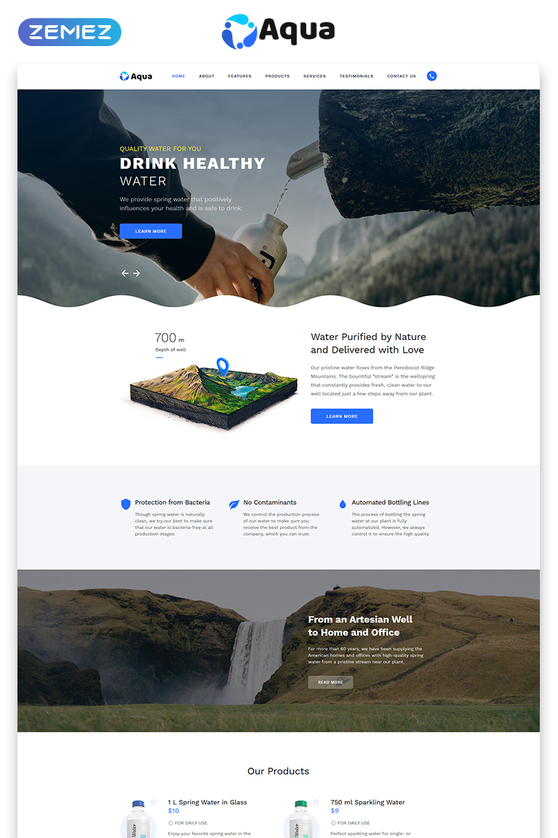 Aqua - Water Clean HTML Bootstrap Landing Page Template