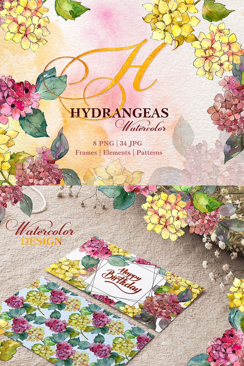 Hydrangeas Yellow-Pink Watercolor png - Illustration