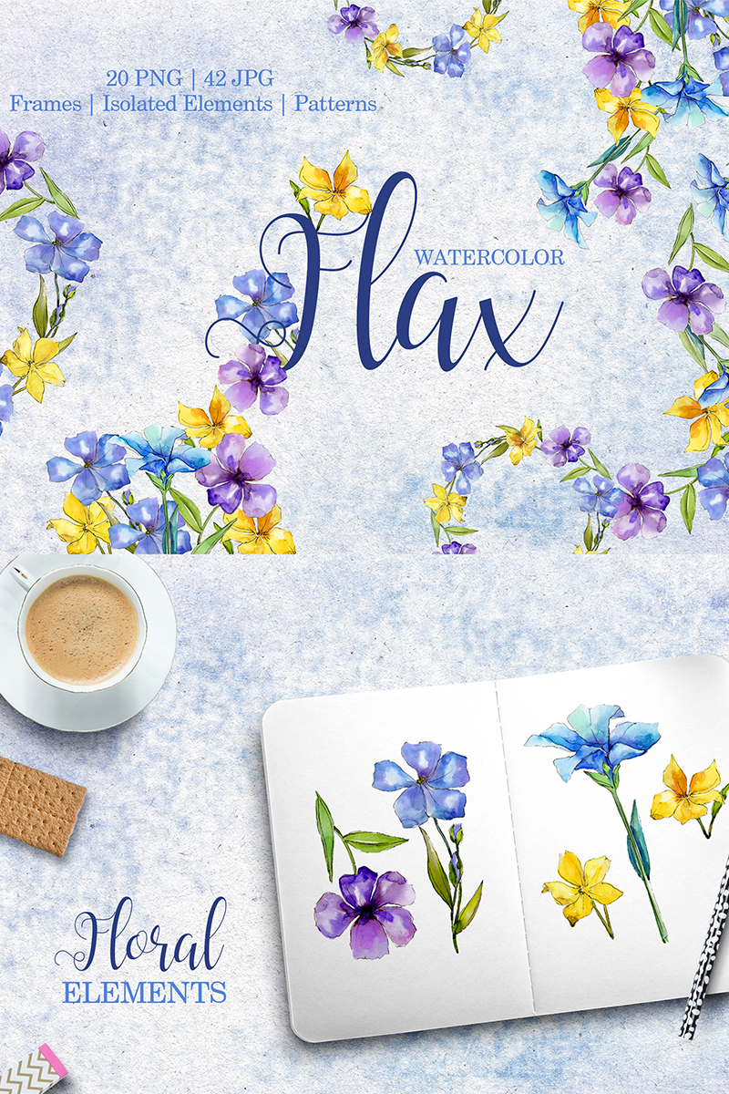 Flax Blue And Yellow Flowers Watercolor Png - Illustration
