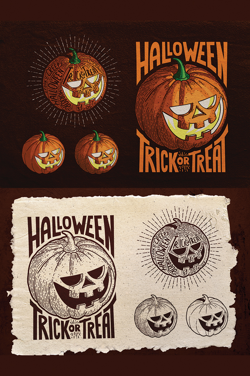 Halloween Pumpkin Engraving Style - Illustration