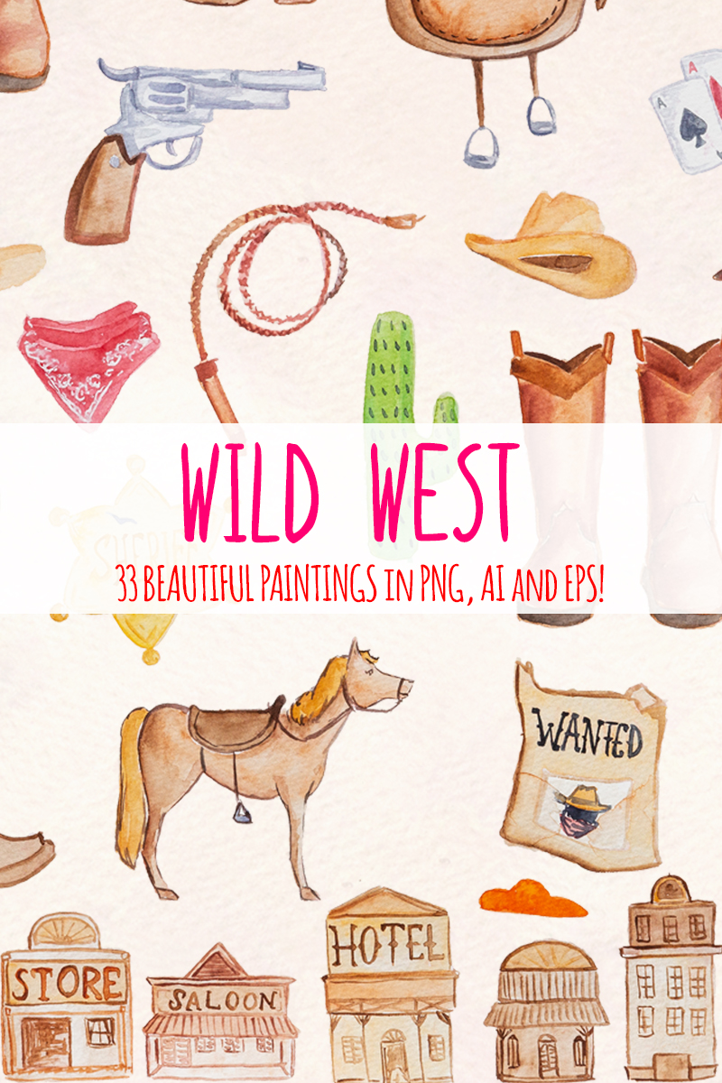 33 Cowboy Watercolor Elements - Wild West - Illustration