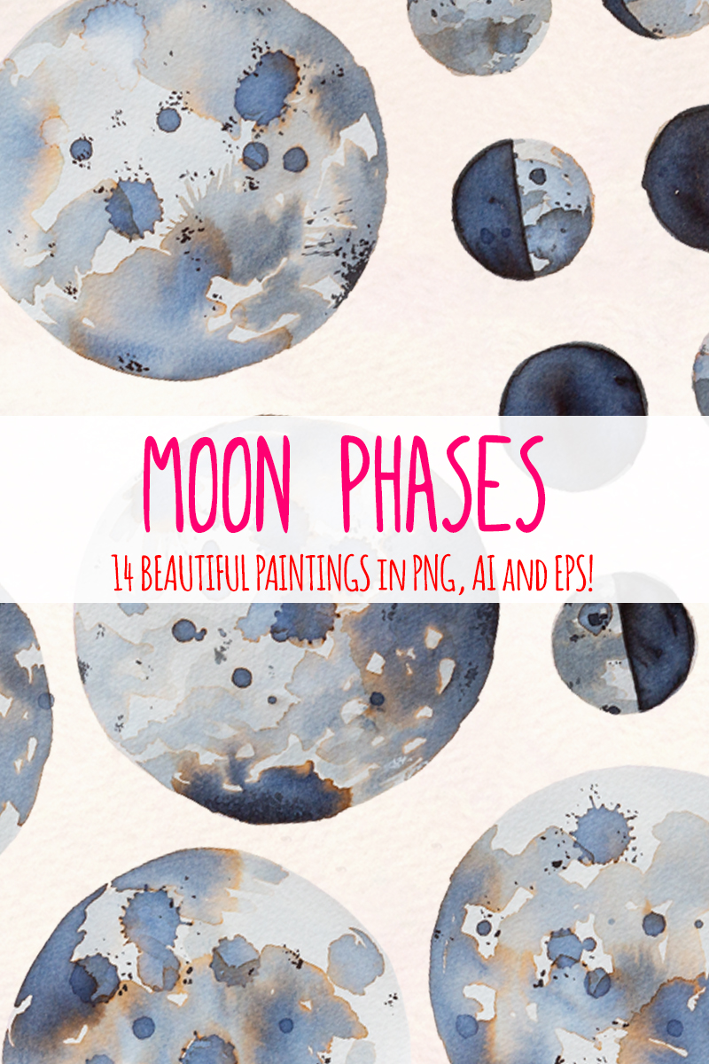 14 Watercolor Moon Phases - Illustration