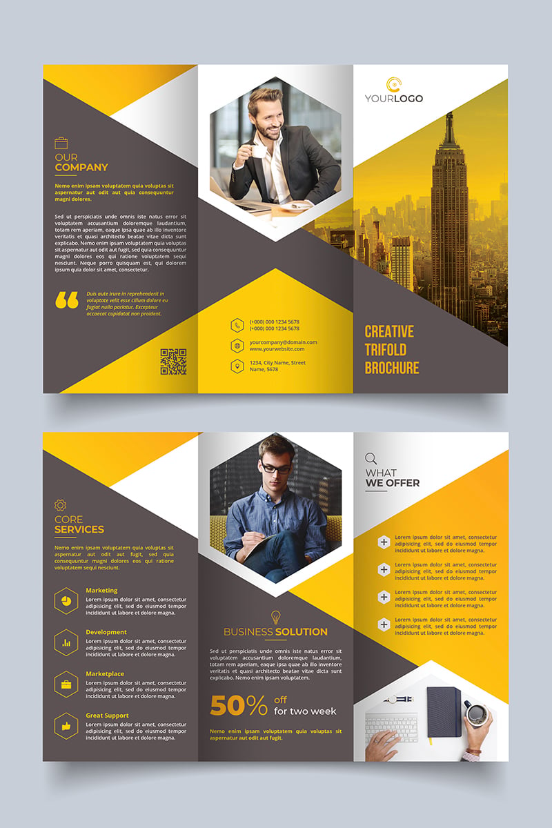 Unique Trifold Brochure Hexagon Design Template - Yellow and Grey Theme