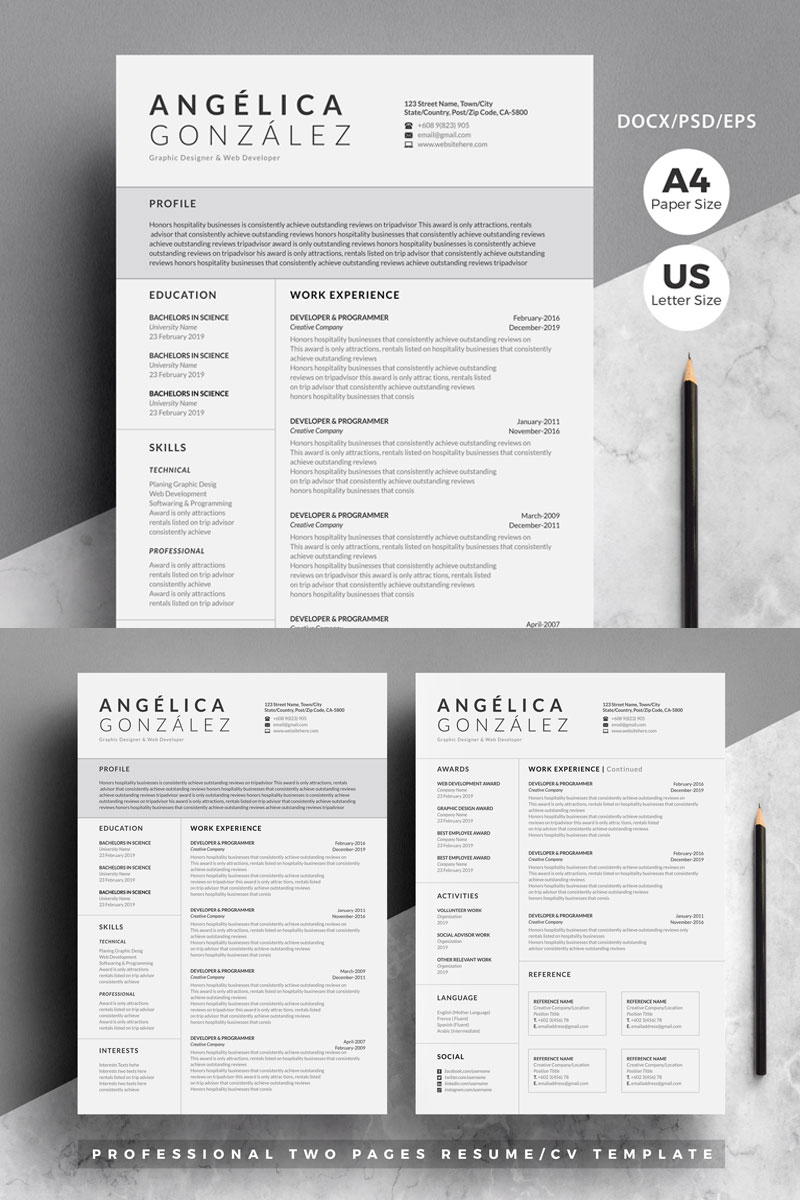 Angelica Professional/Cv 4 Pages Pack Resume Template