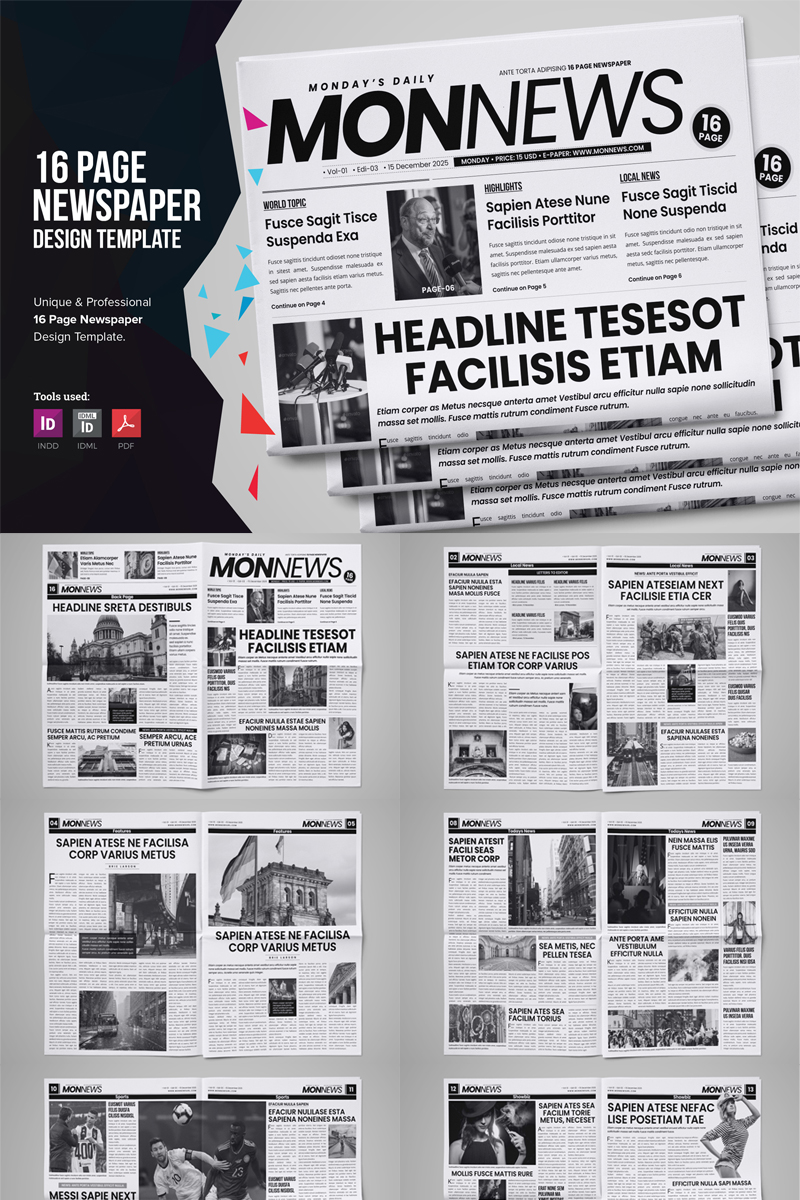 MonNews - 16 Page Newspaper Design Template