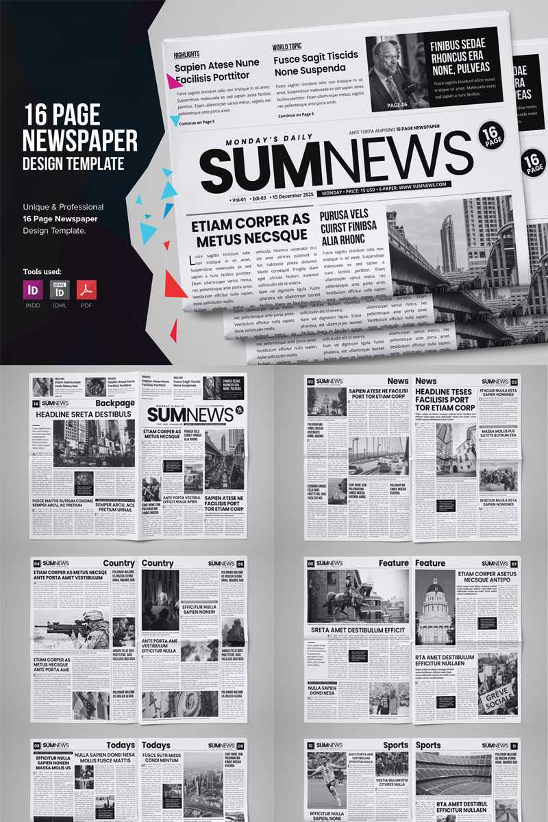 SumNews - 16 Page Newspaper Design Template